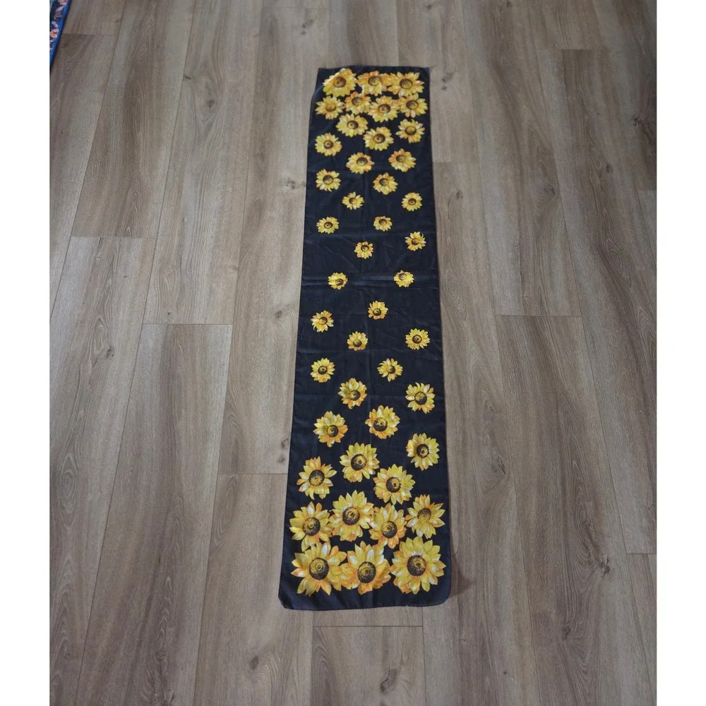 Vintage 1990s Black Silk Scarf Yellow Sunflower Floral Print Long Oblong